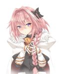  1boy absurdres astolfo_(fate) bangs black_bow black_ribbon black_shirt blush bow braid buckle closed_mouth commentary_request eyebrows_visible_through_hair fate/apocrypha fate_(series) frown fur_collar gauntlets hair_between_eyes hair_bow hair_intakes hair_over_shoulder hair_ribbon hands_up head_tilt highres long_hair long_sleeves looking_at_viewer male_focus multicolored_hair otoko_no_ko pink_hair purple_eyes red_cloak ribbon shiny shiny_hair shirt sidelocks simple_background single_braid solo steepled_fingers streaked_hair sutetete upper_body white_background white_cloak white_hair 