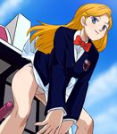  bent_over blazer blonde_hair blue_eyes bow bowtie cloud day haruyama_kazunori jacket long_hair minerva_(transformers) panties robot school_uniform skirt sky smile solo transformers underwear upskirt white_panties wind wind_lift 