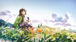  bangs blue_pants blue_sky brown_eyes brown_shirt cloud commentary_request day dog flat_chest grass green_jacket highres hill jacket looking_away looking_up orange_footwear original pants parted_lips robot scenery shirt shoes short_hair sitting sky smile umishima_senbon 