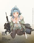  3: ahoge assault_rifle bangs bare_shoulders black_legwear blue_hair blush boots breasts character_name cleavage coat copyright_name fang full_body fur_trim girls_frontline gun hairband highres holding holding_gun holding_weapon krenz looking_at_viewer medium_breasts official_art open_clothes open_coat open_mouth orange_eyes rifle shirt short_hair sidelocks solo squatting t91_(girls_frontline) t91_assault_rifle tears thighhighs torn_clothes torn_legwear torn_shirt watermark weapon web_address white_footwear 