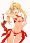  aestus_estus ahoge arm_up bangs banned_artist bikini breasts cleavage commentary_request cowboy_shot criss-cross_halter eyebrows_visible_through_hair fate/grand_order fate_(series) hair_intakes halter_top halterneck hand_on_hip hips kyoeiki large_breasts long_hair looking_at_viewer navel nero_claudius_(fate)_(all) nero_claudius_(swimsuit_caster)_(fate) open_mouth planted_sword planted_weapon red_bikini round_teeth sidelocks simple_background smile solo striped striped_bikini swimsuit sword teeth thighs twintails weapon white_background white_bikini 