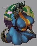  2017 anthro balls big_breasts breasts bulge clothed clothing coal-heart deathclaw dickgirl fallout holding_object holding_weapon huge_breasts intersex nipple_bulge penis_outline scalie solo sukebepanda video_games weapon 