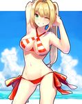  &gt;:) ;) ahoge arm_up bangs bikini blue_sky breasts cleavage cloud cloudy_sky commentary_request cowboy_shot criss-cross_halter day eyebrows_visible_through_hair fate/grand_order fate_(series) grin guri1105 hair_intakes halterneck hand_up highres large_breasts long_hair looking_at_viewer navel nero_claudius_(fate)_(all) nero_claudius_(swimsuit_caster)_(fate) ocean one_eye_closed outdoors parted_lips red_bikini side-tie_bikini sidelocks sky smile solo striped striped_bikini swimsuit teeth thighs twintails v-shaped_eyebrows 