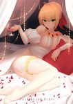  ahoge arm_support ass barefoot blonde_hair bow breast_press bu_li collar cup curtains detached_sleeves drinking_glass fate/grand_order fate_(series) green_eyes hair_bow nero_claudius_(fate) nero_claudius_(fate)_(all) petals red_bow smile solo thighhighs wine_glass 