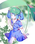  aibivy arm_support blue_dress blue_eyes blue_hair breasts collared_shirt dress green_hat hair_bobbles hair_ornament hat highres kawashiro_nitori key leaf nibbling plant pocket shirt short_hair short_sleeves sidelocks sitting sketch small_breasts solo thighs touhou twintails two_side_up white_shirt 