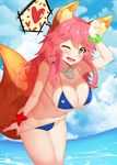  animal_ears bikini bikini_pull blue_bikini blush bracelet breasts cleavage cloud day fang fate/grand_order fate_(series) fox_ears fox_tail hair_tie hand_on_own_head heart jewelry large_breasts long_hair looking_at_viewer navel necklace ocean one_eye_closed open_mouth pink_hair sky smile solo spoken_heart swimsuit tail tamamo_(fate)_(all) tamamo_no_mae_(fate) tamamo_no_mae_(swimsuit_lancer)_(fate) yellow_eyes yuruto 