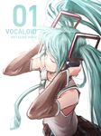  blush clsoed_eyes dress green_hair hatsune_miku headphones long_hair twintails vocaloid 