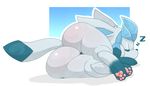  2017 ambiguous_gender backsash big_butt butt canine digital_media_(artwork) eeveelution eyes_closed feral fur glaceon hindpaw mammal nintendo pawpads paws pok&eacute;mon simple_background sleeping solo video_games 