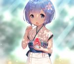  bangs blue_hair blunt_bangs blush bowl cherry_blossoms commentary_request cowboy_shot eating eyebrows_visible_through_hair fang flower food hair_flower hair_ornament holding holding_bowl holding_food holding_spoon japanese_clothes kimono light_rays looking_at_viewer obi open_mouth outdoors re:zero_kara_hajimeru_isekai_seikatsu rem_(re:zero) sash shaved_ice short_hair sidelocks sleeveless sleeveless_kimono solo spoon sunbeam sunlight white_kimono x_hair_ornament yasuyuki younger 