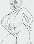  2017 anthro big_breasts black_and_white breasts clothed clothing digital_media_(artwork) female fur hair kemono mammal monochrome omari simple_background slightly_chubby smile solo thick_thighs 