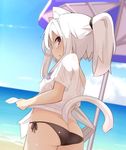  animal_ears ass beach beach_umbrella bikini black_bikini blue_sky breasts butt_crack cloud cowboy_shot day dutch_angle from_behind highres horizon looking_back ocean original outdoors ponytail profile red_eyes see-through shirt side-tie_bikini sidelocks sky small_breasts solo swimsuit tail umbrella wet wet_clothes wet_shirt white_hair zamudelin 