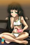  1girl bangs barefoot black_hair blush bottle bra breasts cameltoe chopsticks closed_mouth commentary_request crotch_seam eating erect_nipples feet finger_in_mouth frown full_body green_eyes half-closed_eyes hanamaki_kaeru_(pixiv92915) highres hiyajou_maho holding holding_chopsticks indian_style indoors instant_ramen long_hair looking_at_viewer messy_hair navel panties sitting small_breasts solo steam steins;gate steins;gate_0 thick_eyebrows toes training_bra underwear underwear_only white_bra white_panties 