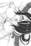  1girl bed blush breasts breasts_outside cum cum_in_pussy emperor_penguin_(kemono_friends) greyscale hetero highres kemono_friends kusui_aruta large_breasts male_pubic_hair monochrome nipples non-web_source open_mouth pubic_hair sex sweat tears vaginal 