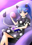  alternate_hairstyle animal_ears blue_eyes blue_hair blush book breasts commentary_request crossed_legs doremy_sweet dream_soul dress extra_ears highres long_hair looking_at_viewer medium_breasts multicolored multicolored_clothes multicolored_dress no_hat no_headwear oshiaki parted_lips pom_pom_(clothes) ponytail sitting solo tail tapir_ears tapir_tail touhou 