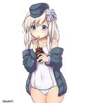  absurdres blonde_hair blue_eyes covered_navel cowboy_shot eating food garrison_cap grey_jacket hair_ribbon hat highres ice_cream jacket kantai_collection kiritto long_hair long_sleeves old_school_swimsuit one-piece_swimsuit open_clothes open_jacket puffy_long_sleeves puffy_sleeves ribbon school_swimsuit signature simple_background solo spoon swimsuit twitter_username u-511_(kantai_collection) white_background white_school_swimsuit white_swimsuit 