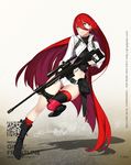  92m bad_proportions bangs belt bipod black_footwear black_gloves blue_eyes boots breasts character_name closed_mouth copyright_name crop_top fingerless_gloves floating_hair full_body girls_frontline gloves gun hair_between_eyes highres jacket knee_boots kneehighs load_bearing_equipment long_hair looking_at_viewer medium_breasts midriff official_art open_clothes open_jacket pouch red_hair rifle scope shadow short_shorts shorts single_kneehigh single_thighhigh sniper_rifle solo t-5000_(girls_frontline) thigh_strap thighhighs trigger_discipline tsurime turtleneck very_long_hair watermark weapon web_address white_shorts 