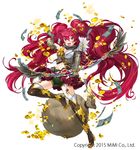  :d bag belt blush boots bow_(weapon) commentary_request earrings frilled_skirt frills garter_straps gloves gold holding holding_bow_(weapon) holding_weapon jewelry knee_boots long_hair midriff money moneybag navel official_art ogino_atsuki open_mouth red_eyes red_hair red_skirt shinyaku_arcana_slayer short_shorts shorts shorts_under_skirt simple_background skirt smile solo standing standing_on_one_leg very_long_hair watermark weapon white_background 