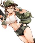  armpits baseball_cap belt breasts brown_eyes brown_hair fio_germi glasses gun hat highres medium_breasts metal_slug midriff military navel nishiide_kengorou ponytail shorts solo vest weapon 