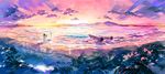  black_hair boat cloud colorful commentary_request dress highres horizon long_hair looking_at_another mountainous_horizon multiple_girls ocean original outdoors plant purple_sky scenery shore short_hair standing sunrise umishima_senbon watercraft waves white_dress 