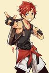  blue_eyes crossover eri_(erikiri) fingerless_gloves fire_emblem fire_emblem:_fuuin_no_tsurugi gloves highres looking_at_viewer male_focus pointing pointing_at_viewer pokemon red_hair roy_(fire_emblem) smile solo sportswear 