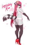  2016 anthro black_fur black_nose bra breasts butt clothing crown english_text female footwear fur grey_fur hair hi_res high_heels long_hair looking_back mammal markings mona_(spittfire) panties pink_eyes pink_hair raccoon ring shoes smile socks_(marking) solo spittfire_(artist) standing stripes text underwear 