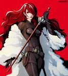  1girl artist_name fur_coat kirijou_mitsuru long_hair persona_3 red_eyes red_hair solo tagme unwrap weapon 