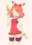  allen_(makaroll) bangs bike_shorts bike_shorts_under_shorts blue_eyes blush_stickers bow bracelet breasts collarbone food hair_bow hair_ornament hair_ribbon haruka_(pokemon) headband holding holding_food jewelry light_smile one_eye_closed pokemon pokemon_(game) pokemon_oras popsicle red_bow red_headband ribbon short_hair short_shorts shorts simple_background small_breasts solo swept_bangs thigh_gap wide_hips 