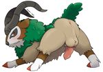  2017 animal_genitalia animal_penis balls blush butt caprine digital_media_(artwork) erection feral fur goat gogoat horn looking_at_viewer mabit male mammal nintendo nude penis pok&eacute;mon simple_background smile solo spread_legs spreading video_games 