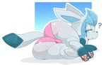  2017 ambiguous_gender backsash big_butt blue_eyes butt canine clothing digital_media_(artwork) eeveelution eyes_closed feral fur glaceon hindpaw looking_at_viewer mammal nintendo open_mouth pawpads paws pok&eacute;mon simple_background sleeping solo underwear video_games 