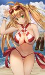  adjusting_eyewear ahoge beach bikini blonde_hair blush bracelet breasts coke_bottle criss-cross_halter day eyewear_on_head fate/grand_order fate_(series) green_eyes grin halterneck highres jewelry long_hair looking_at_viewer nero_claudius_(fate)_(all) nero_claudius_(swimsuit_caster)_(fate) ocean plaster_(2501) side-tie_bikini smile solo striped striped_bikini sunglasses swimsuit thigh_gap thighs twintails 