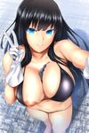  absurdres between_breasts bikini black_bikini black_hair blue_eyes breasts city cleavage collarbone cruise_ship destruction from_above giantess gloves highres ikaruga_(senran_kagura) inverted_nipples large_breasts lips long_hair looking_at_viewer navel nipples one_breast_out puffy_nipples rakia_(ds00309) senran_kagura shadow skindentation smile swimsuit v very_long_hair white_gloves 