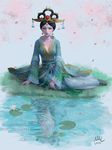  artist_name black_hair breasts chang'e_(smite) chinese_clothes cleavage comb crown dated earrings flower grass green_eyes hair_rings hanfu highres jewelry lily_pad medium_breasts on_ground petals reflection ripples sash sciamano240 shawl sitting smite solo water water_surface watermark web_address 
