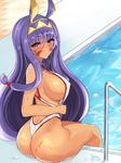  animal_ears ass backless_swimsuit bangs blush breasts covered_nipples dark_skin error_dot eyebrows_visible_through_hair facepaint facial_mark fate/grand_order fate_(series) hair_between_eyes headband highres jackal_ears large_breasts long_hair looking_at_viewer looking_back low-tied_long_hair nitocris_(fate/grand_order) nitocris_(swimsuit_assassin)_(fate) nose_blush one-piece_swimsuit pool poolside purple_eyes purple_hair sideboob sitting solo star star-shaped_pupils strap_gap swimsuit swimsuit_pull symbol-shaped_pupils thong very_long_hair water wet wet_clothes wet_swimsuit 