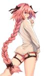  absurdres androgynous ass astolfo_(fate) back black_bow black_ribbon bow braid cm_(pixiv4946055) collared_shirt cowboy_shot dress_shirt fang fate/apocrypha fate_(series) from_behind garter_straps hair_between_eyes hair_bow hair_intakes hair_ornament hair_ribbon hand_to_own_mouth hand_up highres legs_apart long_hair long_sleeves looking_at_viewer looking_back male_focus open_mouth otoko_no_ko pink_hair purple_eyes ribbon shirt simple_background single_braid sleeves_past_wrists sweatdrop thigh_strap very_long_hair white_background white_shirt 