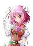  1girl :t bandaged_arm bandages bangs blush breasts bun_cover chain chinese_clothes commentary_request cuffs dango double_bun eating flower food highres ibaraki_kasen looking_at_viewer medium_breasts oshiaki pink_flower pink_hair pink_rose puffy_short_sleeves puffy_sleeves red_eyes rose shackles short_hair short_sleeves solo tabard toothpick touhou upper_body wagashi 