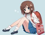  backpack bag bangs blue_background blue_eyes blue_skirt brown_hair eyebrows_visible_through_hair hair_ribbon looking_at_viewer mary_janes onjouji_toki pleated_skirt randoseru ribbon saki saki_achiga-hen school_uniform senriyama_school_uniform shirt shisoneri shoes short_hair simple_background sitting skirt socks white_legwear white_shirt 