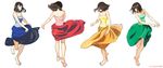  bare_arms bare_shoulders barefoot blue_dress breasts brown_eyes brown_hair commentary_request dancing dress full_body green_dress highres long_skirt medium_breasts multiple_views original red_dress short_hair signature simple_background skirt umishima_senbon white_background yellow_dress 