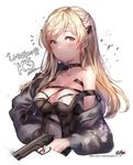 artist_name bad_proportions bangs blush braid breasts cleavage closed_mouth coat collarbone commentary_request cropped_torso floral_print girls_frontline grey_eyes gun hair_ornament hand_on_hip handgun heart highres holding holding_gun holding_weapon k5_(girls_frontline) korean kyjsogom large_breasts long_hair looking_at_viewer open_clothes open_coat pistol signature smile solo swept_bangs trigger_discipline upper_body watermark weapon web_address 