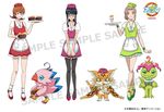  3girls apron bare_legs biyomon black_hair digimon digimon_adventure_tri. glasses high_heels leggings long_legs meicoomon miniskirt mochizuki_meiko multiple_girls palmon tachikawa_mimi tagme takenouchi_sora waitress waitress_outfit waitress_uniform watermark 