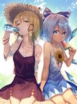  bare_arms bare_shoulders blonde_hair blue_bow blue_dress blue_eyes blue_hair bow bright_pupils cirno collarbone commentary_request dress drinking flower food hair_bow hair_ribbon hat highres ice ice_wings long_hair moriya_suwako multiple_girls popsicle purple_skirt ramune red_ribbon ribbon short_dress short_hair sidelocks sitting skirt skirt_set straw_hat summer sunflower sweat tan tanned_cirno touhou tress_ribbon uu_uu_zan vest watermelon_bar wings yellow_eyes 