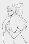  2017 anthro big_breasts black_and_white breasts clothed clothing digital_media_(artwork) female hair horn huge_breasts kemono looking_at_viewer mammal monochrome omari rhinoceros simple_background slightly_chubby smile solo thick_thighs 