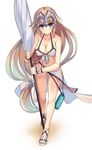  alternate_costume ass_visible_through_thighs bangs beach_umbrella bikini blue_eyes blush breasts brown_hair cleavage closed_mouth collarbone commentary_request fate/apocrypha fate/grand_order fate_(series) full_body halter_top halterneck headpiece jeanne_d'arc_(fate) jeanne_d'arc_(fate)_(all) kurokage large_breasts leaning_forward long_hair looking_at_viewer low-tied_long_hair navel sarong smile solo standing stomach swimsuit umbrella very_long_hair white_bikini wristband 