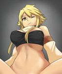  :/ akame_ga_kill! bandeau bangs bare_shoulders black_bra blonde_hair bra breasts closed_mouth covered_nipples detached_sleeves from_below grey_background hair_between_breasts hair_between_eyes large_breasts leone long_sleeves looking_at_viewer midriff navel one_eye_closed out-of-frame_censoring parted_lips r_sin scarf short_hair short_hair_with_long_locks simple_background sitting solo spread_legs stomach strapless strapless_bra swept_bangs teeth underwear v-shaped_eyebrows yellow_eyes 