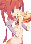  allen_(makaroll) bangs blue_eyes blush_stickers breasts brown_hair collarbone double_bun eating food holding holding_food long_hair looking_at_viewer mei_(pokemon) pokemon pokemon_(game) pokemon_bw2 sandwich sidelocks simple_background small_breasts solo very_long_hair 