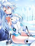  ahoge bare_tree blue_hair blush breasts gloves highres leotard long_hair looking_at_viewer neptune_(series) nyamota paid_reward patreon_reward power_symbol red_eyes short_hair_with_long_locks sidelocks small_breasts snow snowing solo symbol-shaped_pupils tree white_heart winter 