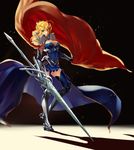  absurdres ahoge armor artoria_pendragon_(all) artoria_pendragon_(lancer) black_background blonde_hair blue_legwear breasts cape cleavage crown fate/grand_order fate_(series) flag full_body fur_trim gauntlets greaves green_eyes highres holding holding_weapon koufu_(seratin) lance large_breasts pauldrons polearm simple_background skirt solo thighhighs weapon 