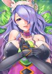  animal_ears blade_ride breasts bunny_ears bunny_girl bunny_tail bunnysuit camilla_(fire_emblem_if) cleavage detached_collar egg fake_animal_ears fire_emblem fire_emblem_heroes fire_emblem_if hair_over_one_eye highres large_breasts lips long_hair looking_at_viewer purple_eyes purple_hair smile solo tail very_long_hair 