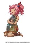  bare_shoulders blush bow closed_eyes commentary_request crying fingerless_gloves flying_teardrops full_body gloves hair_bow holding official_art ogino_atsuki open_mouth pink_hair simple_background single_glove sitting solo tears torn_clothes white_background yuba_no_shirushi 