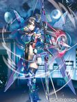  aiming arrow black_gloves black_hair blurry blurry_background bow_(weapon) city closed_mouth cloud cloudy_sky commentary_request crescent_moon feet_out_of_frame gloves holding holding_bow_(weapon) holding_weapon looking_afar luck_&amp;_logic mecha_musume moon night night_sky official_art ogino_atsuki red_eyes rooftop serious sky solo standing thighhighs thighhighs_under_boots watermark weapon 