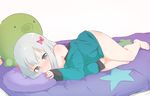  3: bare_legs bare_shoulders barefoot bed_sheet between_legs blue_eyes blush body_blush bow closed_mouth clothed_masturbation done_(donezumi) embarrassed eromanga_sensei eyebrows full_body furrowed_eyebrows hair_bow hair_ornament hand_between_legs indoors izumi_sagiri jacket long_hair long_sleeves looking_at_viewer lying masturbation naked_coat off_shoulder on_side pillow pink_bow silver_hair solo star star_print stuffed_animal stuffed_octopus stuffed_toy sweat thighs 